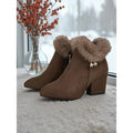 Women's brown faux fur-trimmed stacked block heel ankle boots