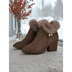 Women's brown faux fur-trimmed stacked block heel ankle boots