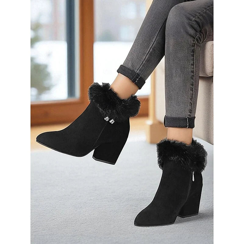 Women's black faux fur-trimmed stacked block heel ankle boots