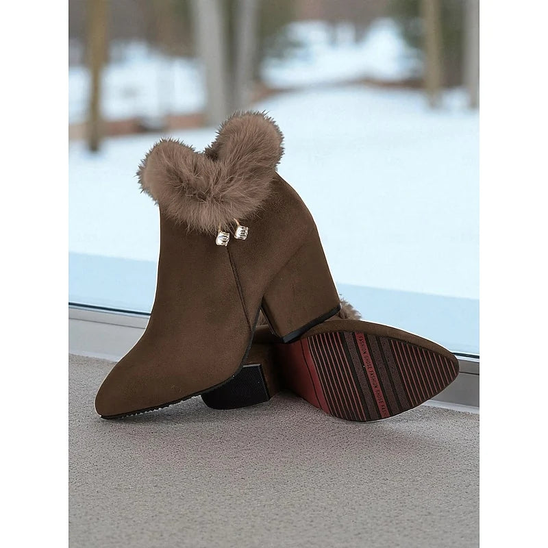Women's black faux fur-trimmed stacked block heel ankle boots