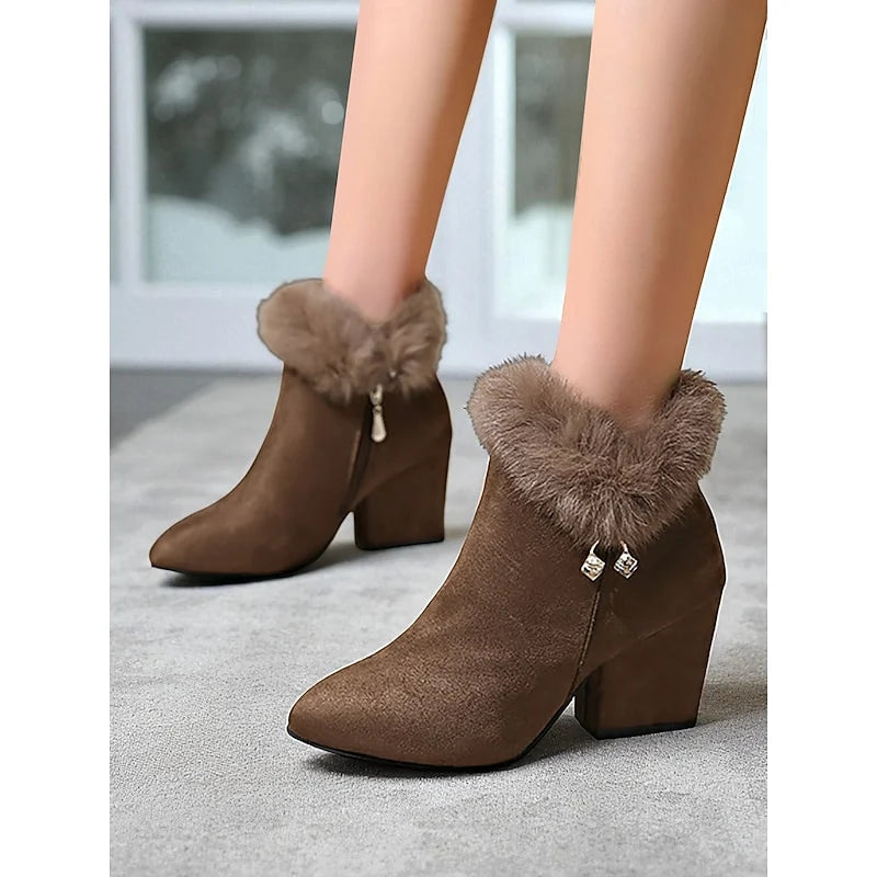 Women's black faux fur-trimmed stacked block heel ankle boots