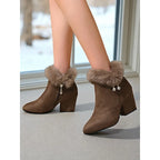 Women's black faux fur-trimmed stacked block heel ankle boots