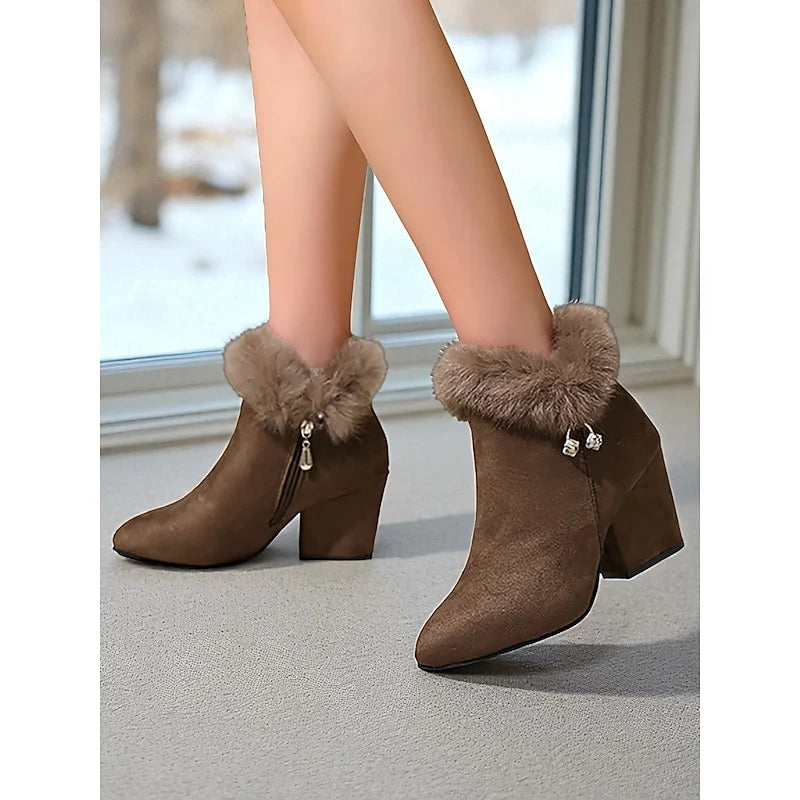 Women's black faux fur-trimmed stacked block heel ankle boots