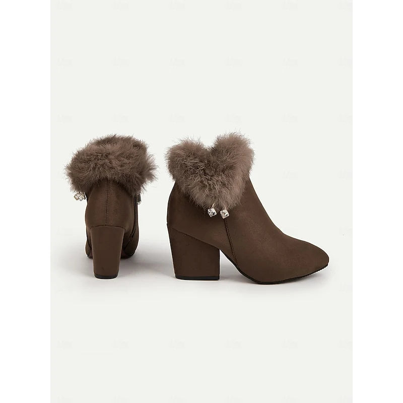Women's black faux fur-trimmed stacked block heel ankle boots