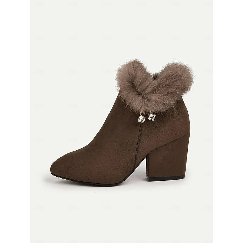 Women's black faux fur-trimmed stacked block heel ankle boots