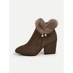 Women's black faux fur-trimmed stacked block heel ankle boots