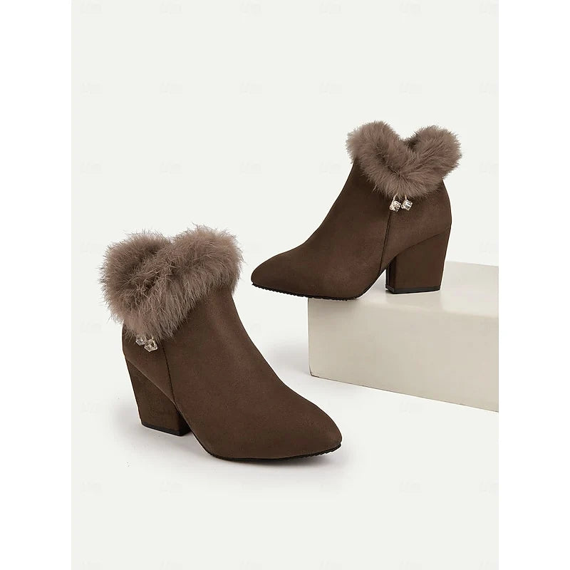 Women's black faux fur-trimmed stacked block heel ankle boots