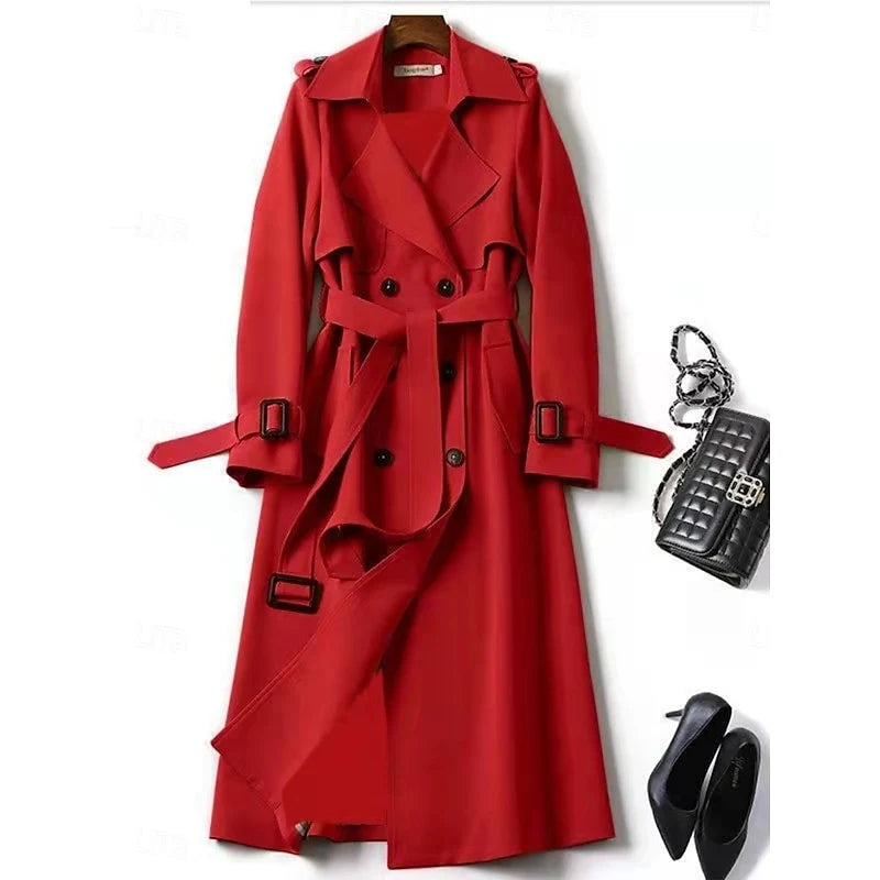 Women's red belted Double-Breasted Trench Coat