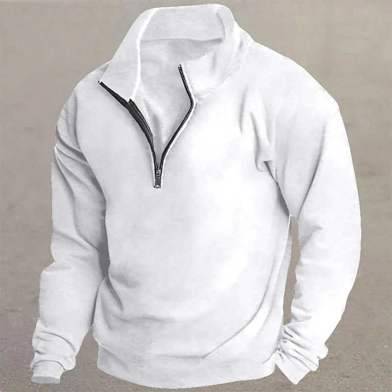 Men's white slim-fit quarter-zip sweater with standing collar