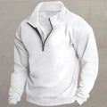 Men's white slim-fit quarter-zip sweater with standing collar