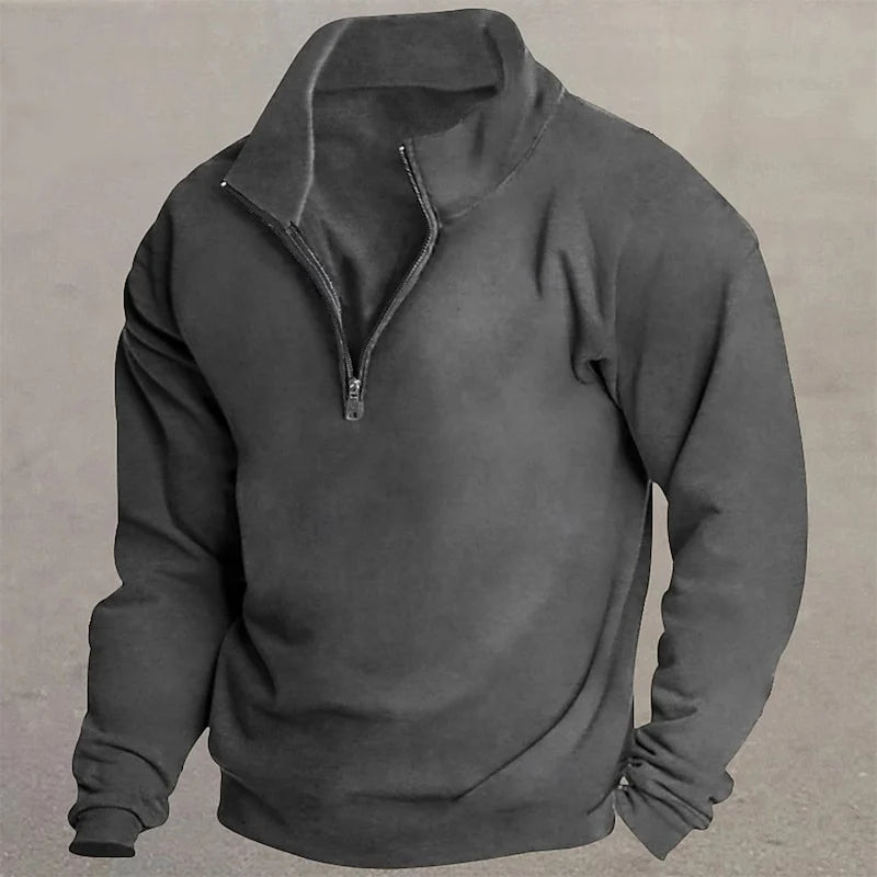Men's white slim-fit quarter-zip sweater with standing collar