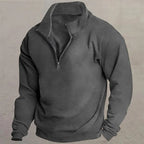 Men's white slim-fit quarter-zip sweater with standing collar