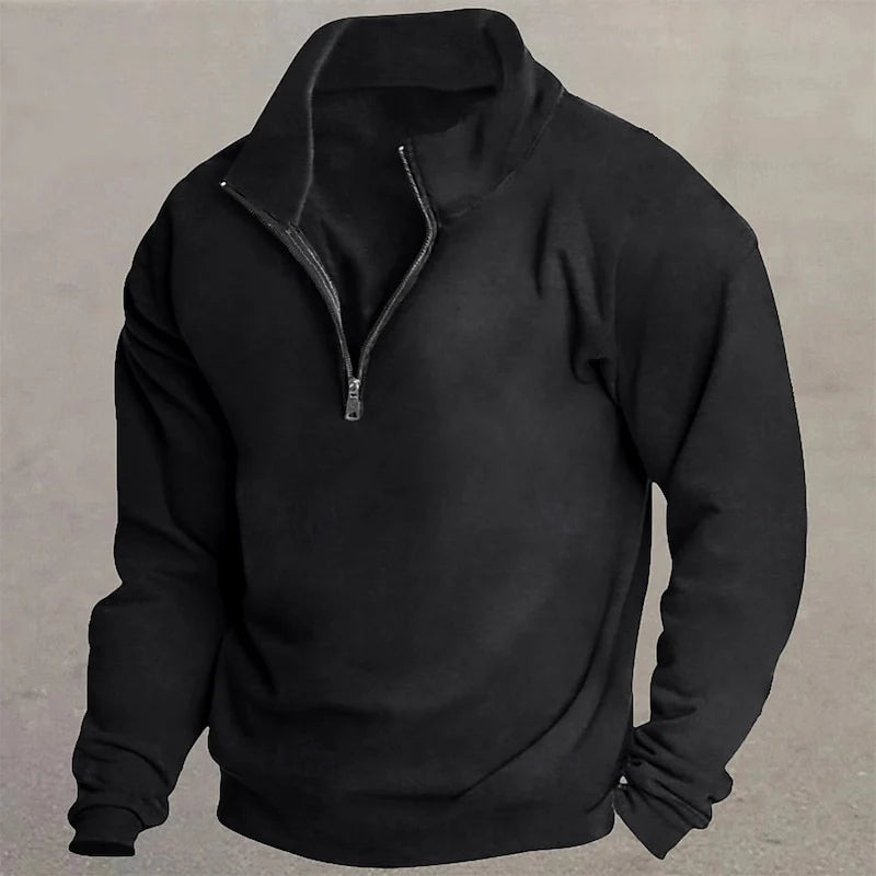 Men's black slim-fit quarter-zip sweater with standing collar