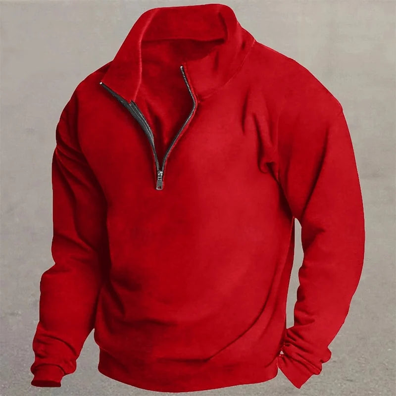 Men's red slim-fit quarter-zip sweater with standing collar