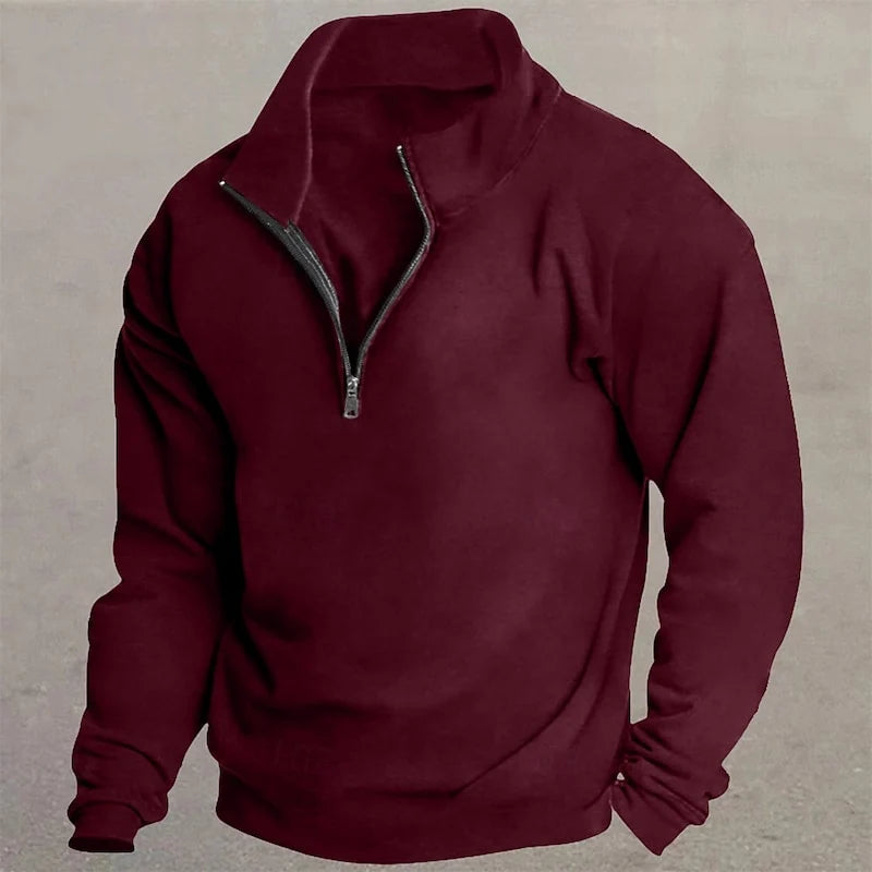 Men's red slim-fit quarter-zip sweater with standing collar