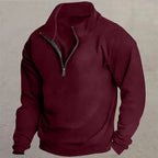 Men's red slim-fit quarter-zip sweater with standing collar