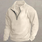 Men's red slim-fit quarter-zip sweater with standing collar