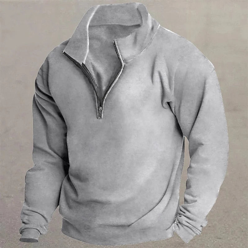 Men's light grey slim-fit quarter-zip sweater with standing collar