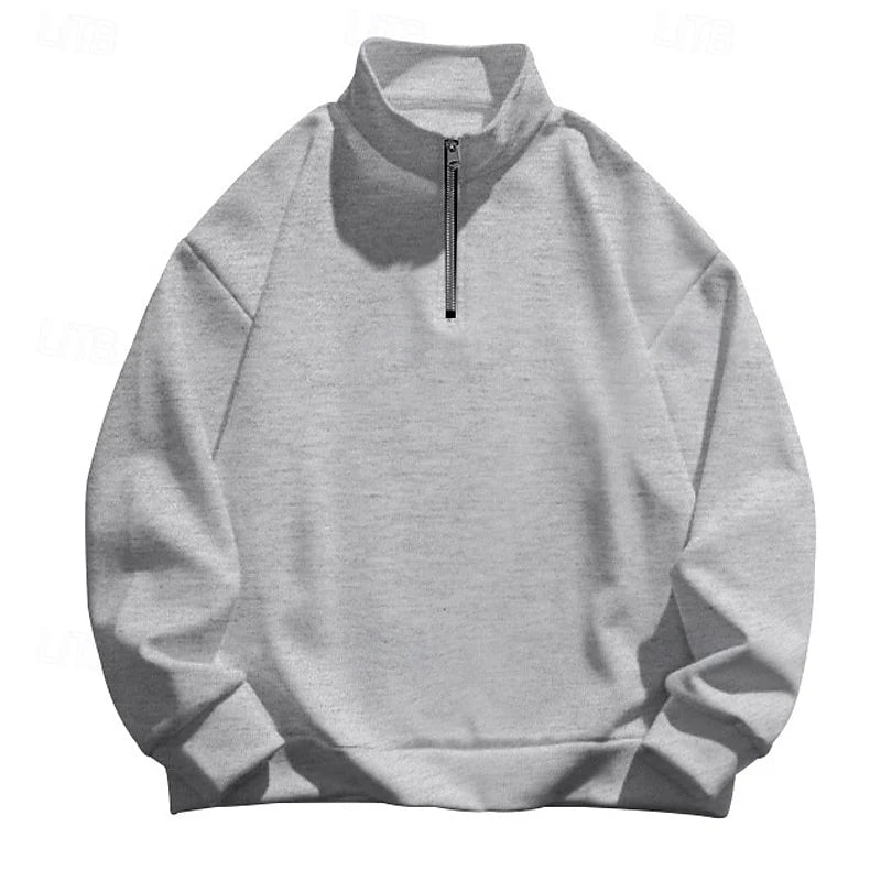 Men's light grey slim-fit quarter-zip sweater with standing collar
