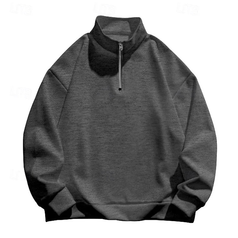Men's light grey slim-fit quarter-zip sweater with standing collar