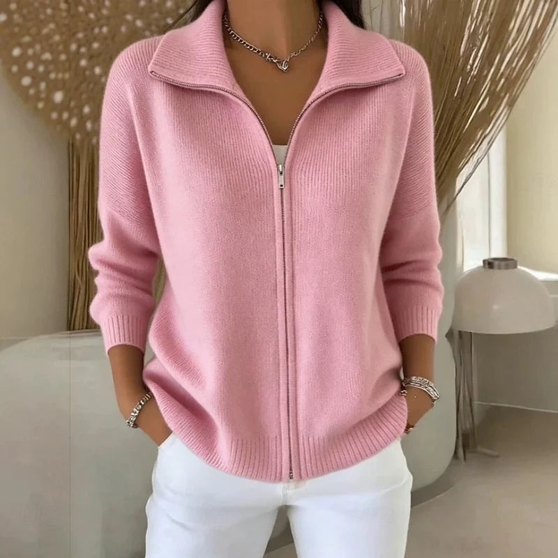 Women's stand collar zip cardigan with ribbed hem and cuffs