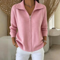 Women's stand collar zip cardigan with ribbed hem and cuffs