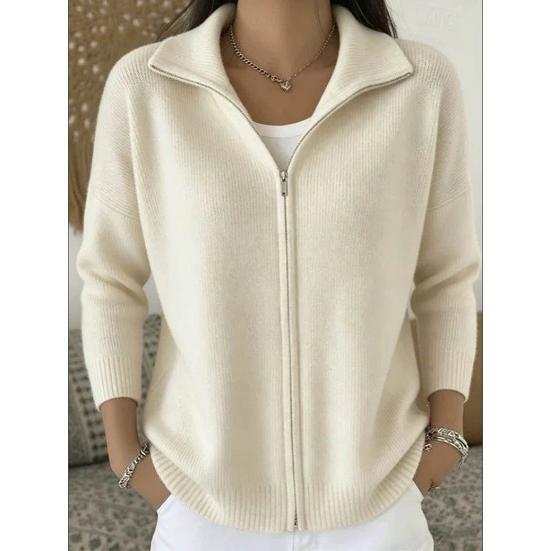 Women's stand collar zip cardigan with ribbed hem and cuffs