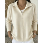 Women's stand collar zip cardigan with ribbed hem and cuffs