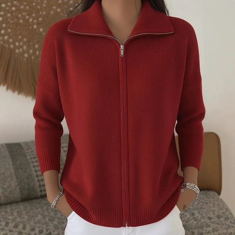 Women's stand collar zip cardigan with ribbed hem and cuffs