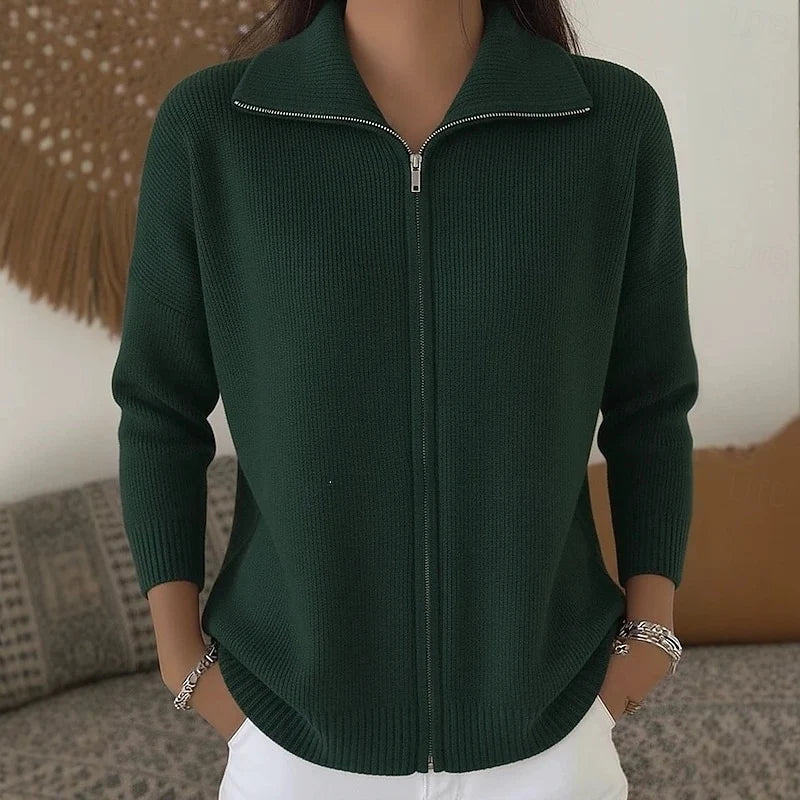 Women's stand collar zip cardigan with ribbed hem and cuffs