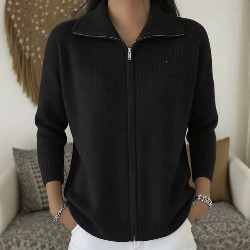 Women's stand collar zip cardigan with ribbed hem and cuffs