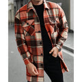 Men's orange plaid Flannel Shirt Jacket with Button Chest Pocket