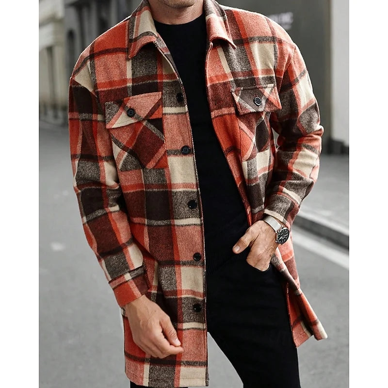 Men's wine plaid Flannel Shirt Jacket with Button Chest Pocket