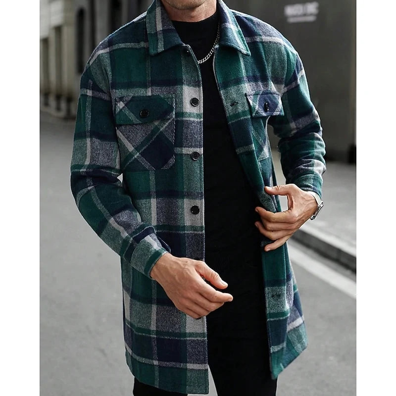 Men's black plaid Flannel Shirt Jacket with Button Chest Pocket