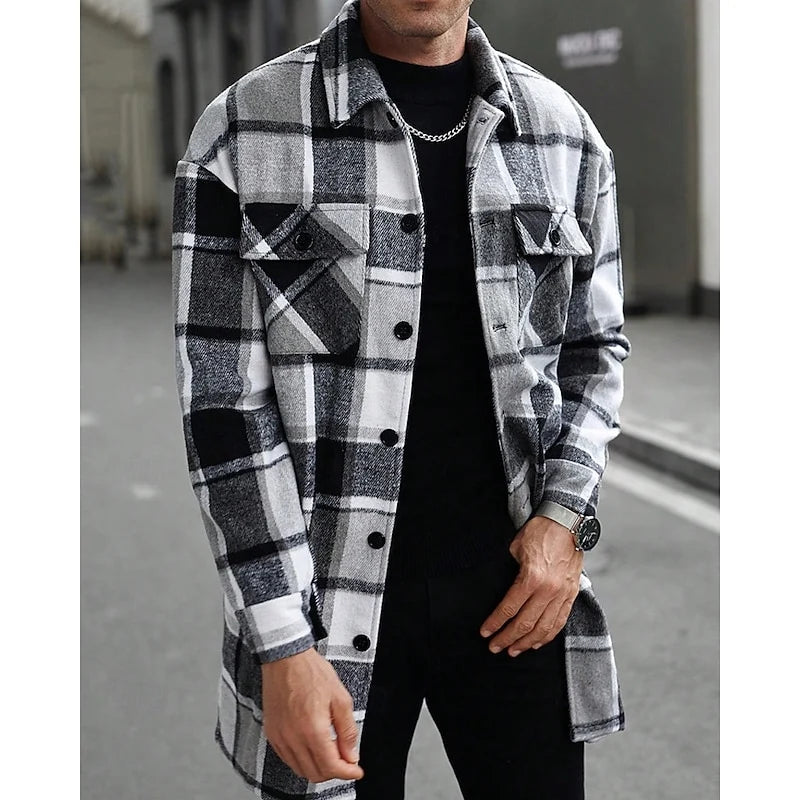 Men's black plaid Flannel Shirt Jacket with Button Chest Pocket