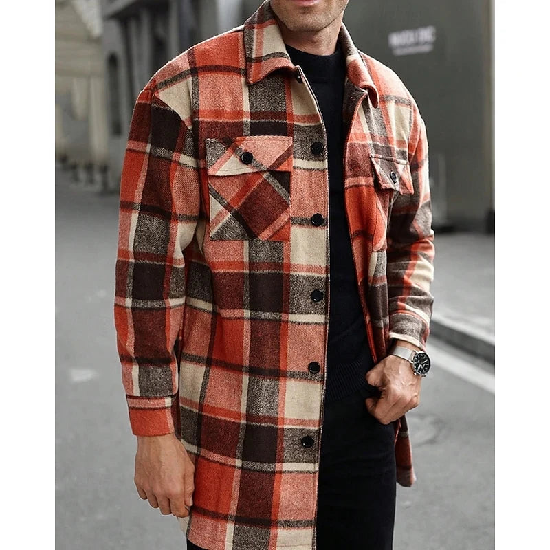 Men's khaki plaid Flannel Shirt Jacket with Button Chest Pocket