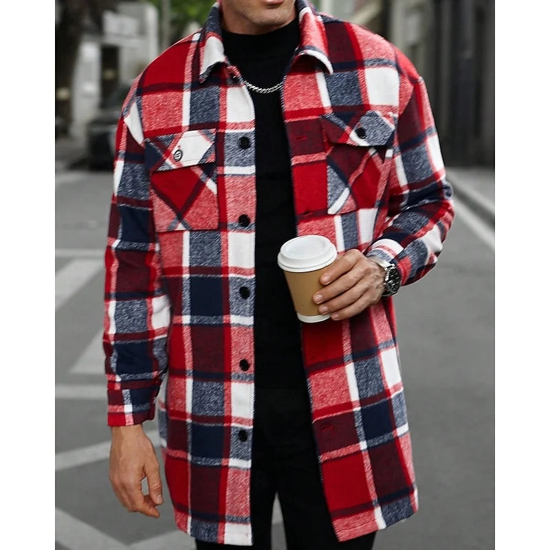 Men's black plaid Flannel Shirt Jacket with Button Chest Pocket