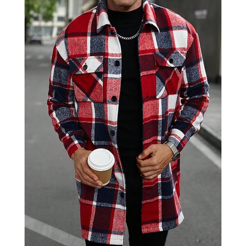 Men's black plaid Flannel Shirt Jacket with Button Chest Pocket