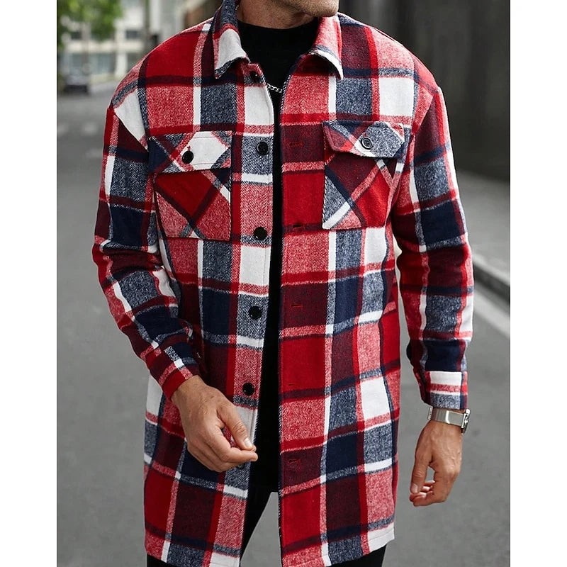 Men's black plaid Flannel Shirt Jacket with Button Chest Pocket