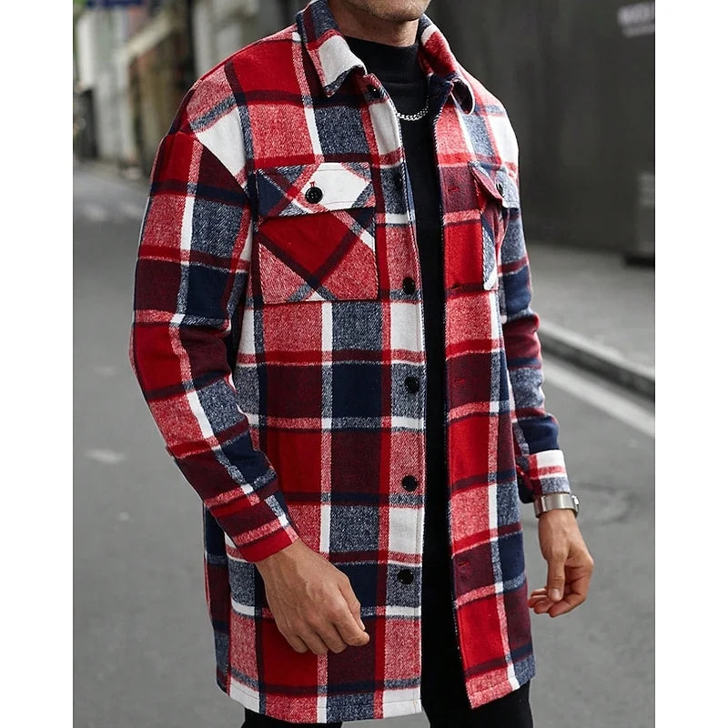 Men's black plaid Flannel Shirt Jacket with Button Chest Pocket