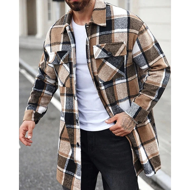 Men's black plaid Flannel Shirt Jacket with Button Chest Pocket