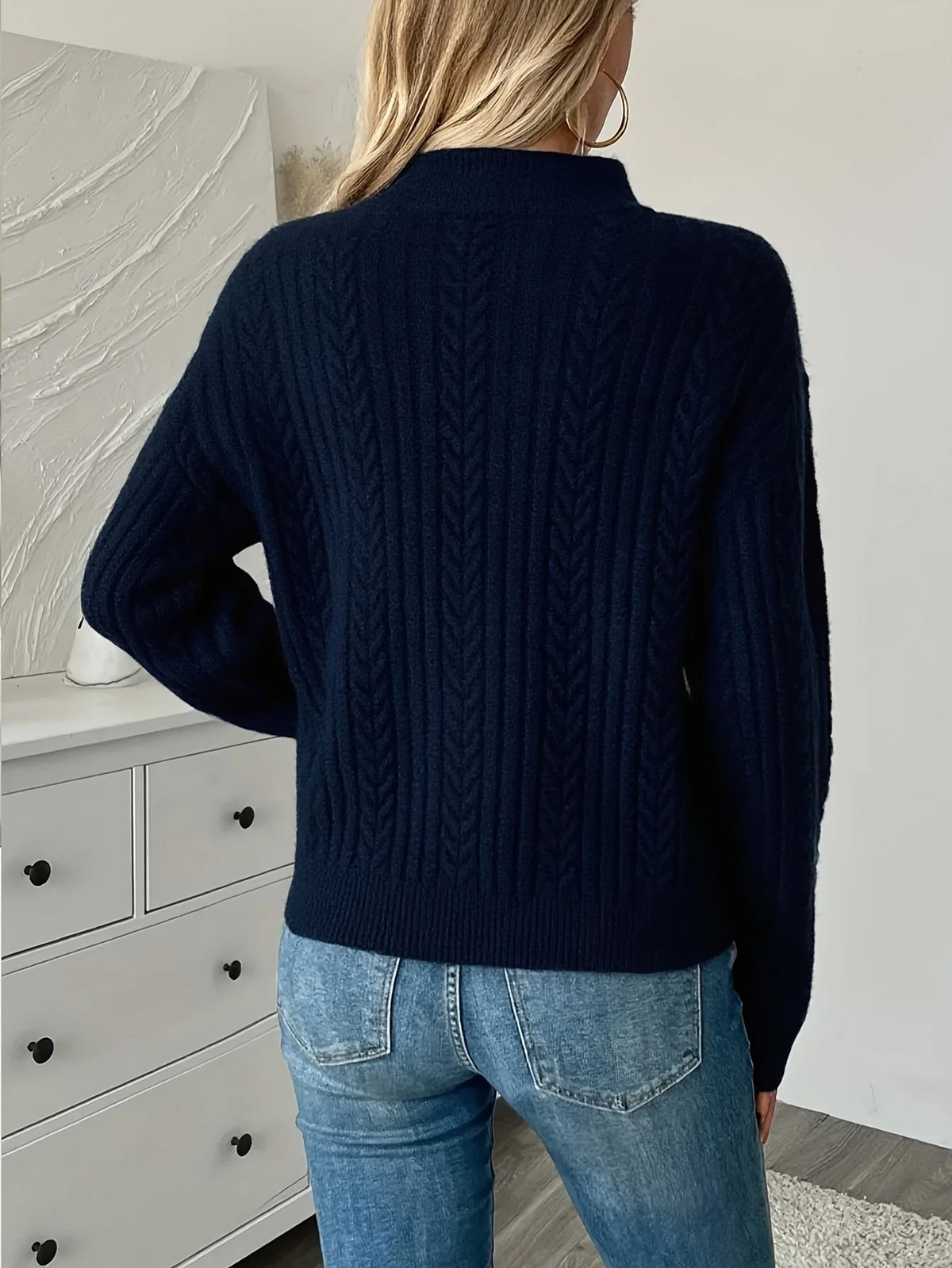 Women's navy textured half-zip sweater with side-slit hem
