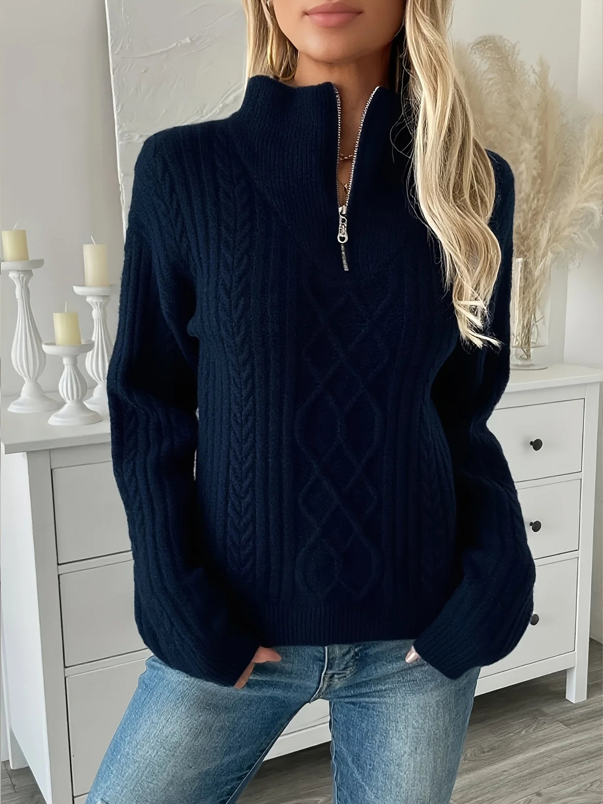 Women's navy textured half-zip sweater with side-slit hem