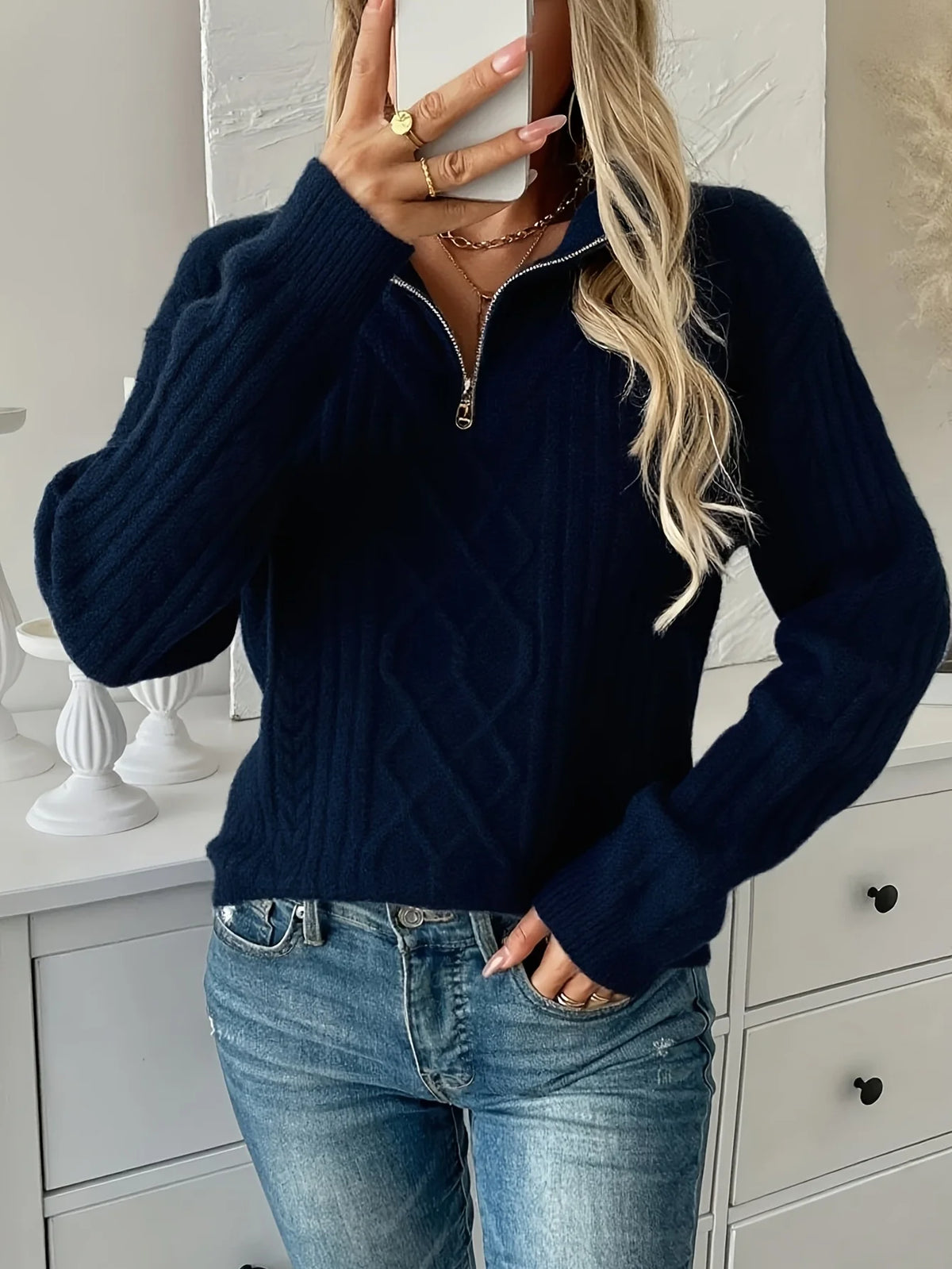 Women's navy textured half-zip sweater with side-slit hem
