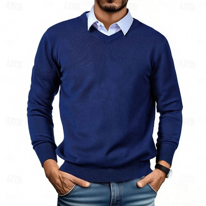 Men's dark navy classic V-neck ribbed-trim knit pullover sweater