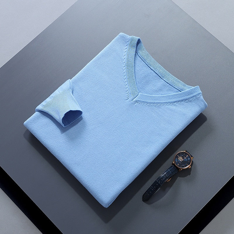 Men's light blue classic V-neck ribbed-trim knit pullover sweater