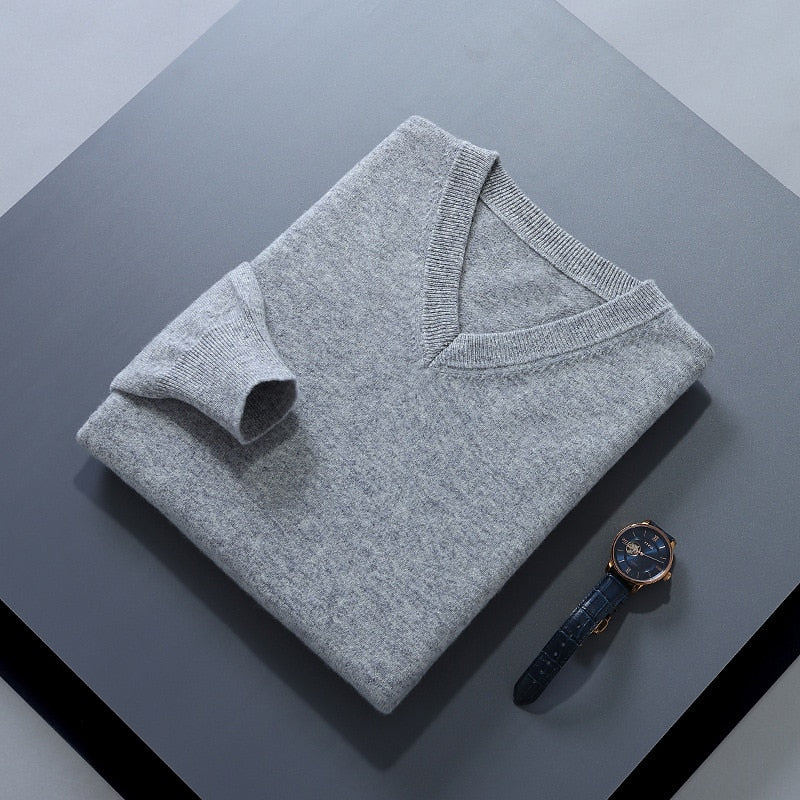 Men's gray classic V-neck ribbed-trim knit pullover sweater