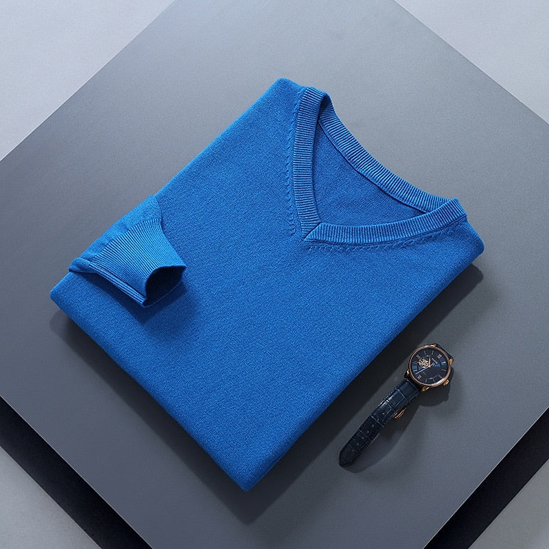 Men's blue classic V-neck ribbed-trim knit pullover sweater