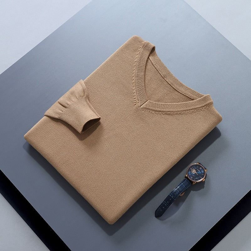 Men's camel classic V-neck ribbed-trim knit pullover sweater
