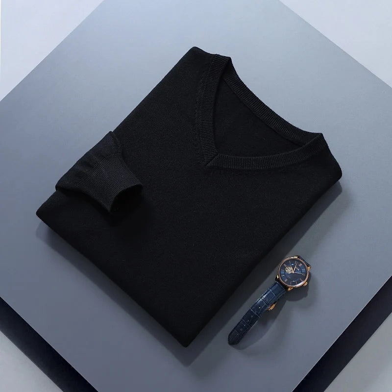 Men's black classic V-neck ribbed-trim knit pullover sweater
